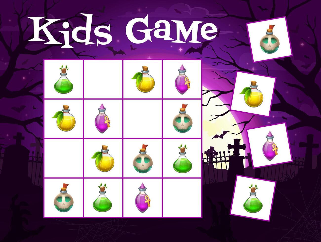 Halloween kids sudoku game, magic potion bottles vector