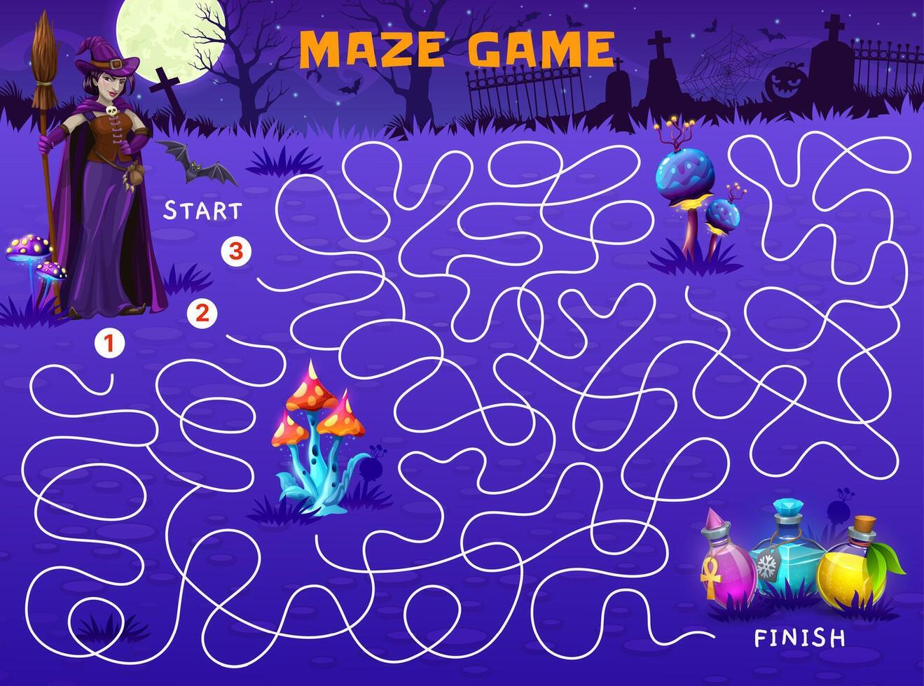 Halloween labyrinth game, help witch find potion vector