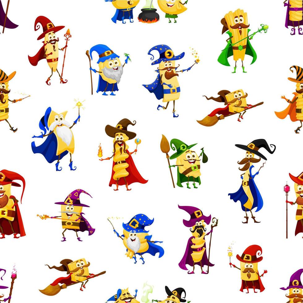 Cartoon Halloween pasta wizard characters pattern vector