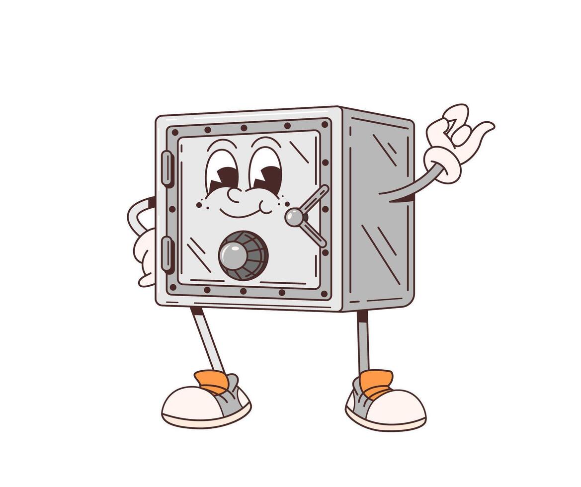 Cartoon retro groovy strongbox safe character vector