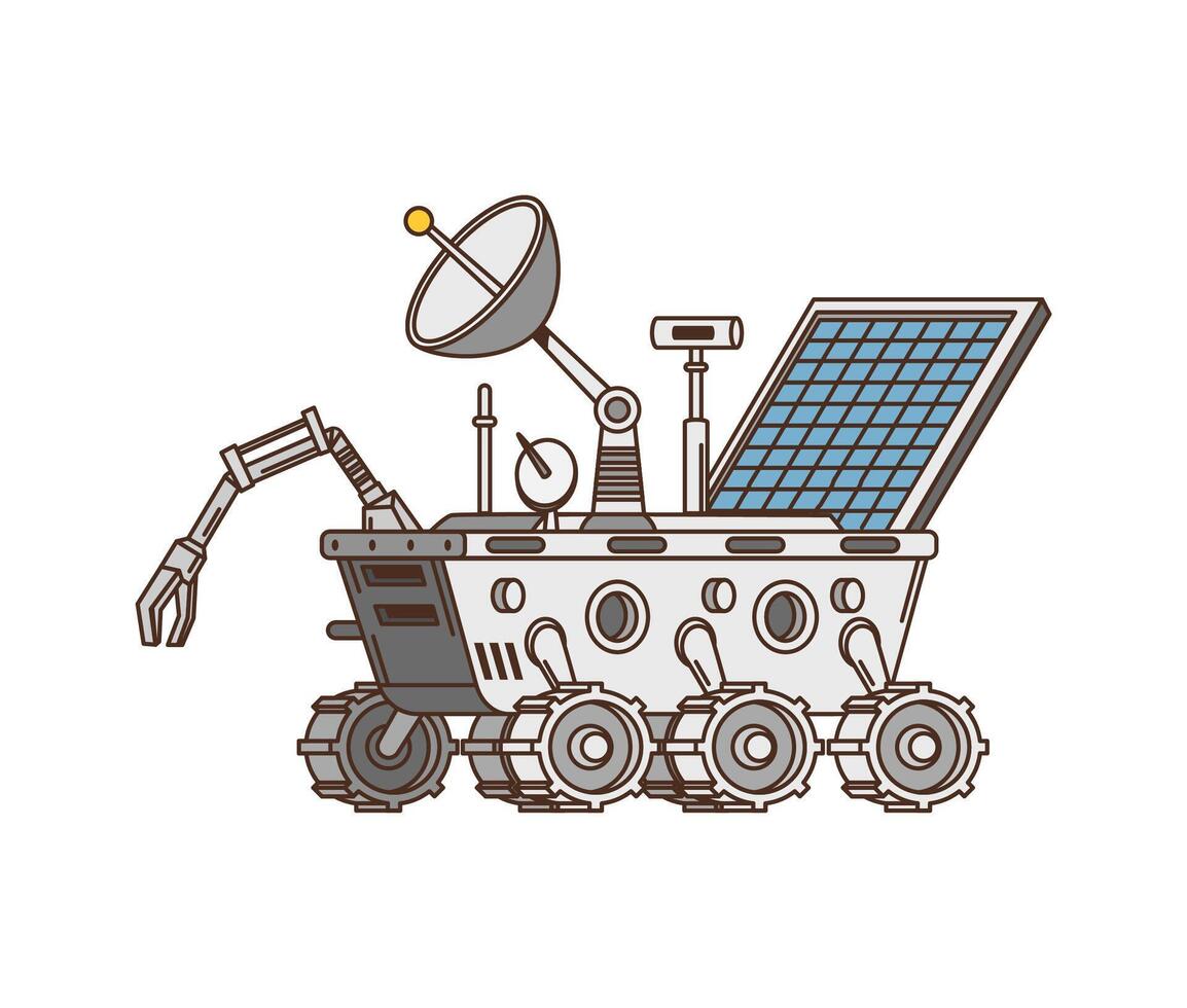 Groovy retro cartoon moon rover on space planet vector