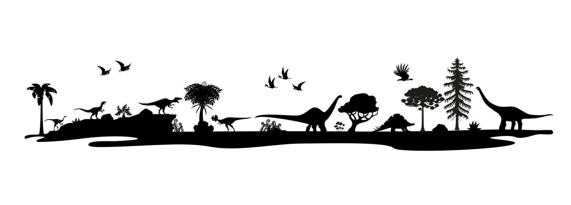 Prehistoric dinosaurs silhouettes in jungle forest vector