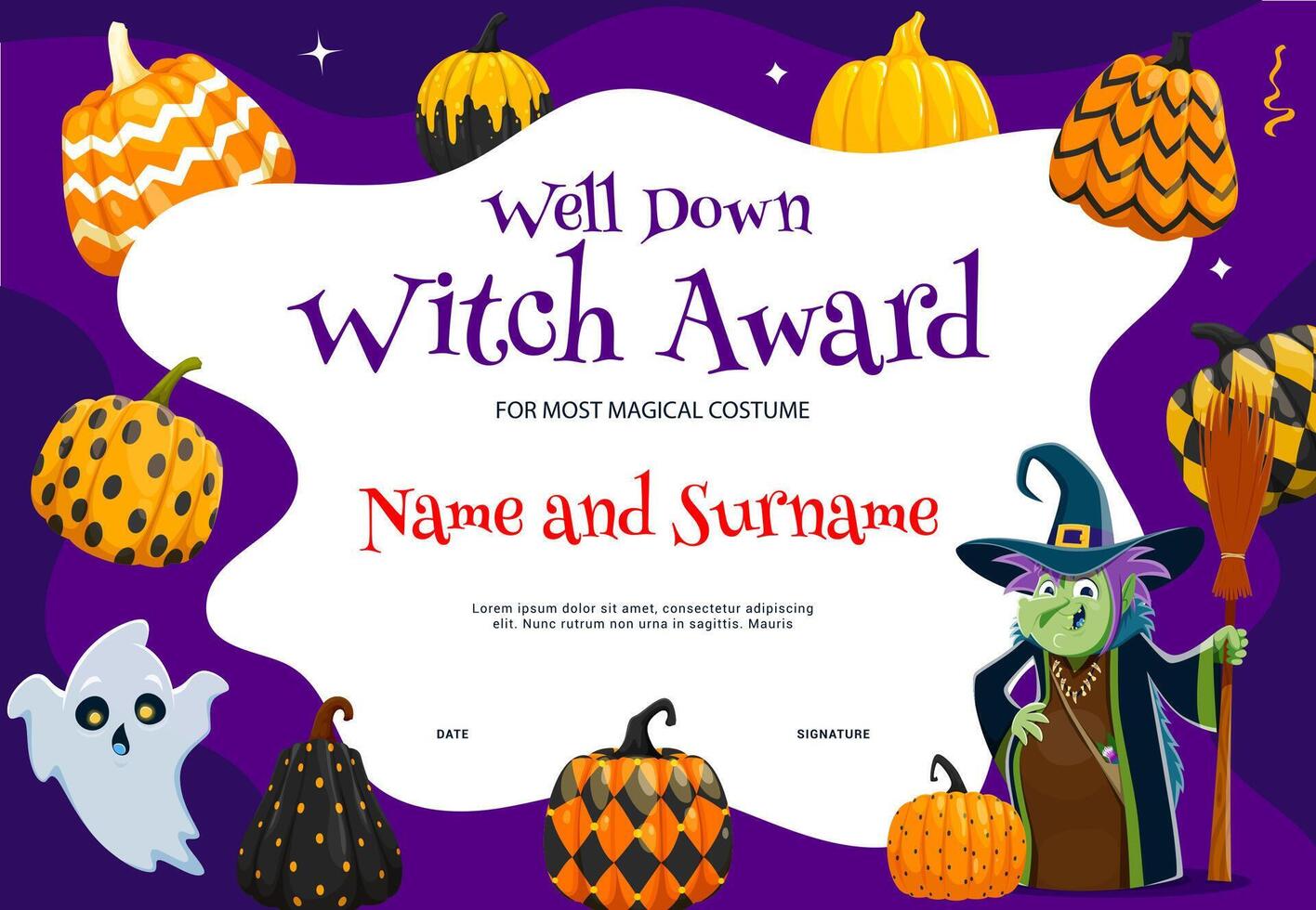 Halloween witch diploma with patterned pumpkins vector