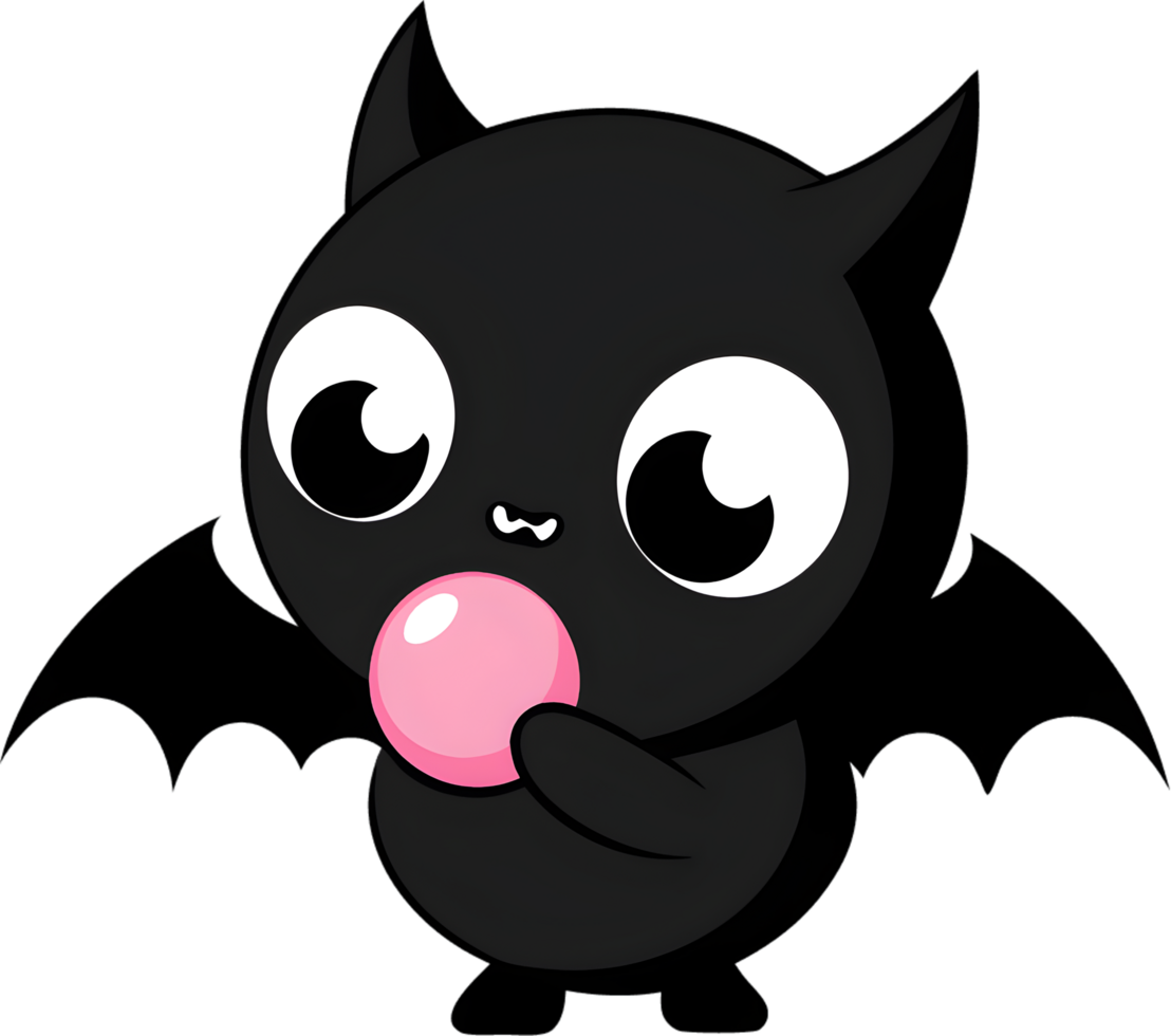 Adorable cartoon bat blows vibrant pink bubble gum. AI-generated. png