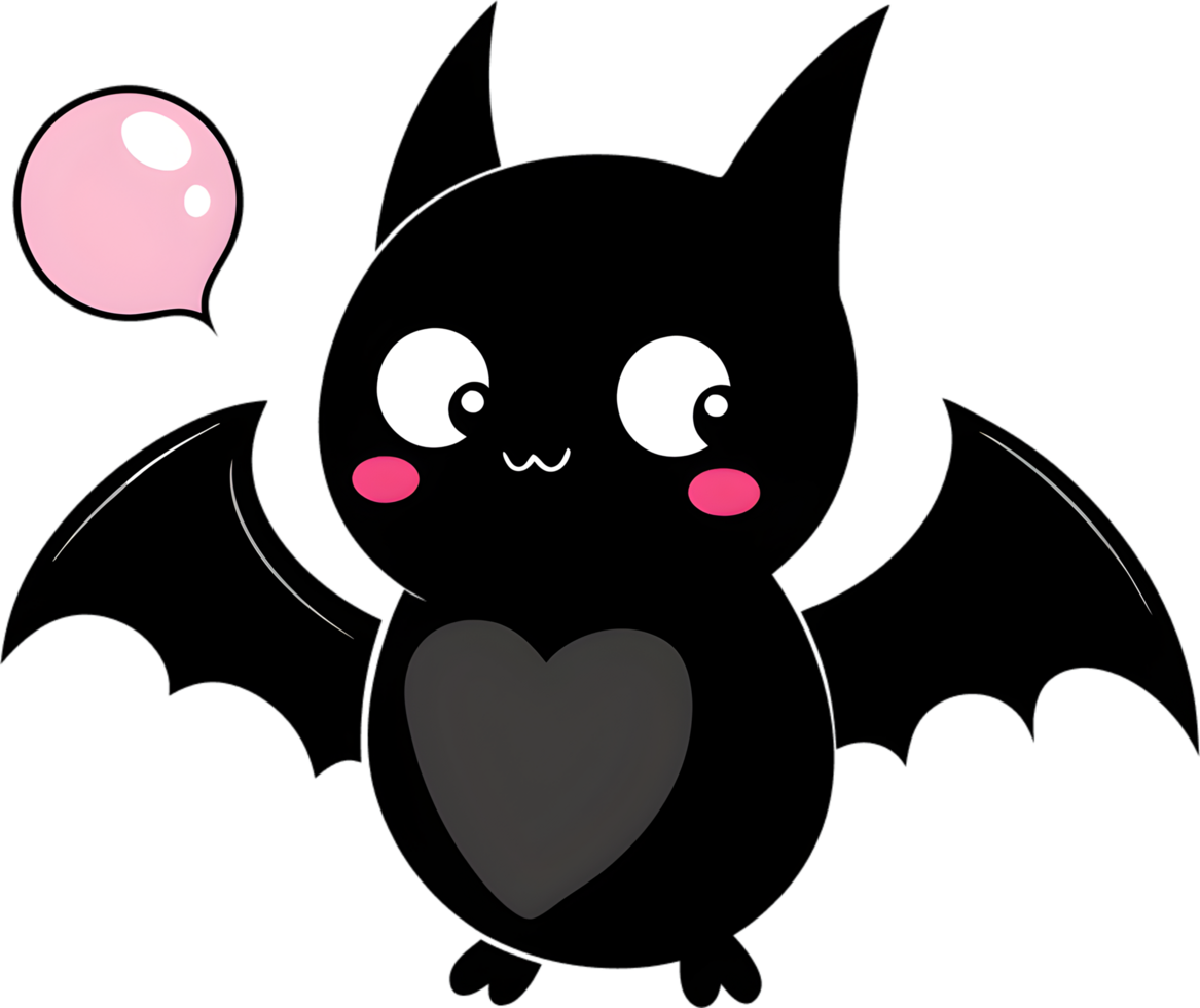 Adorable cartoon bat blows vibrant pink bubble gum. AI-generated. png