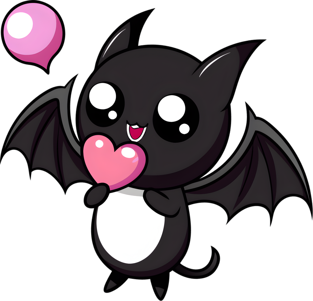 Adorable cartoon bat blows vibrant pink bubble gum. AI-generated. png