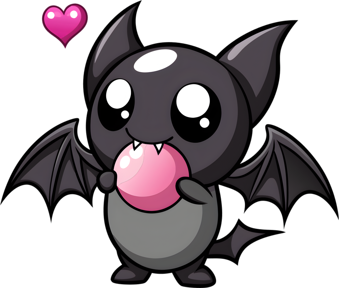 Adorable cartoon bat blows vibrant pink bubble gum. AI-generated. png