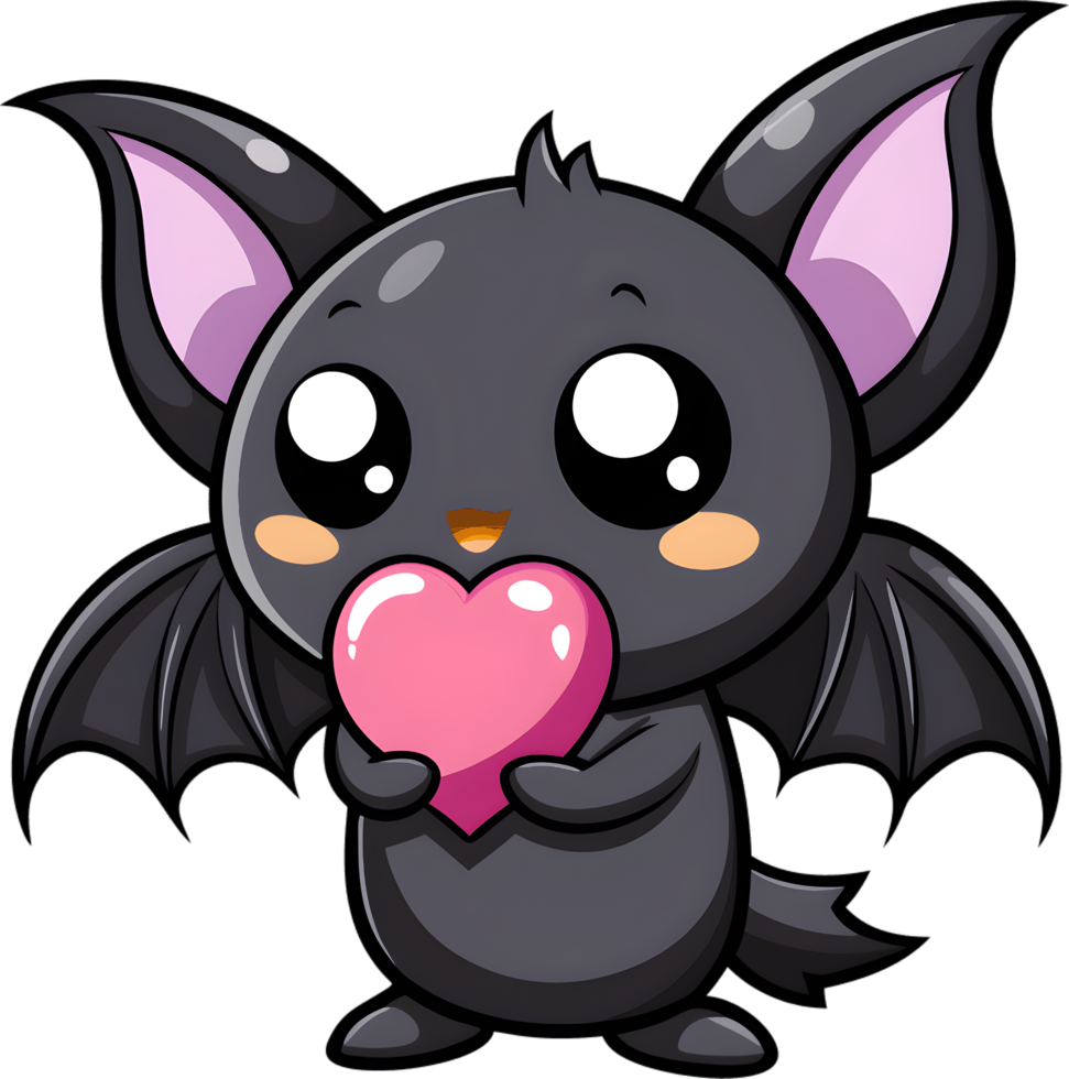 Adorable cartoon bat blows vibrant pink bubble gum. AI-generated. png