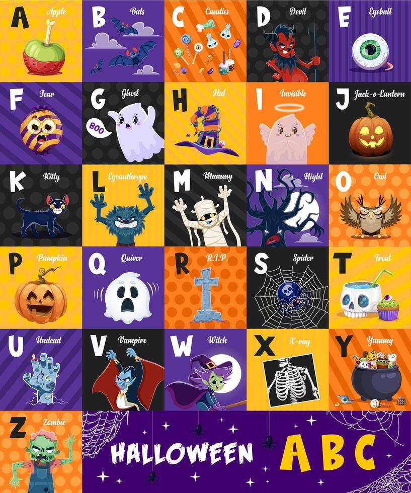 Halloween holiday alphabet, abc kids type letters vector