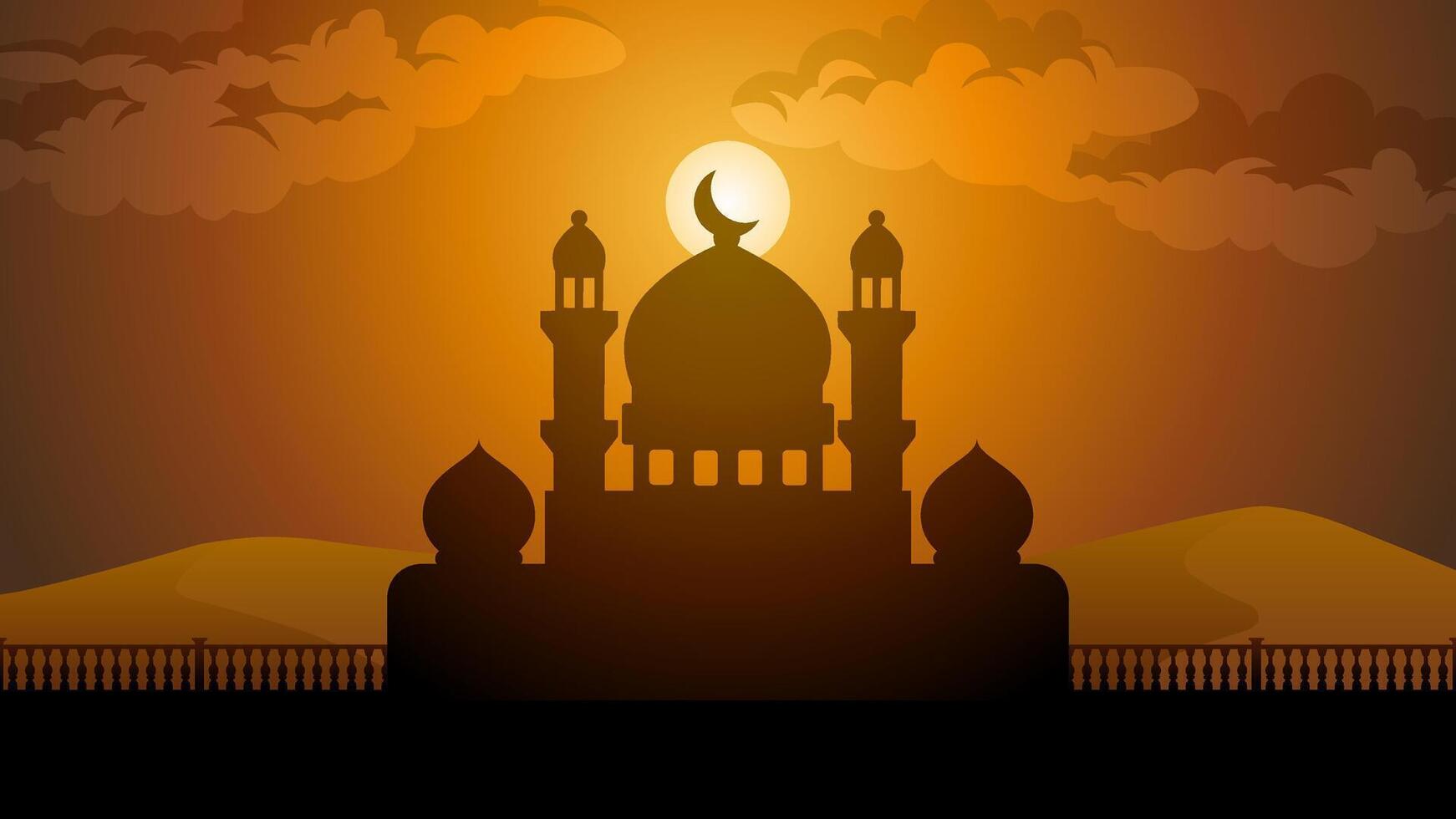 Landscape illustration of mosque silhouette in the sand desert vector
