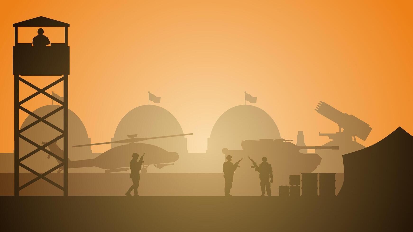 Landscape illustration of military base silhouette with armament vector