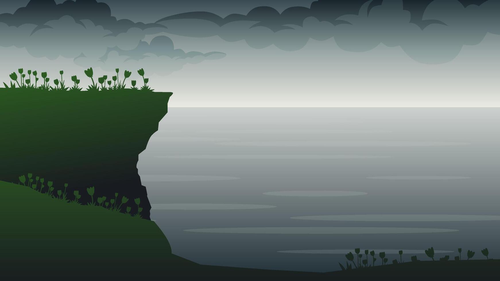 Landscape illustration of coastal cliff silhouette with wildflower vector