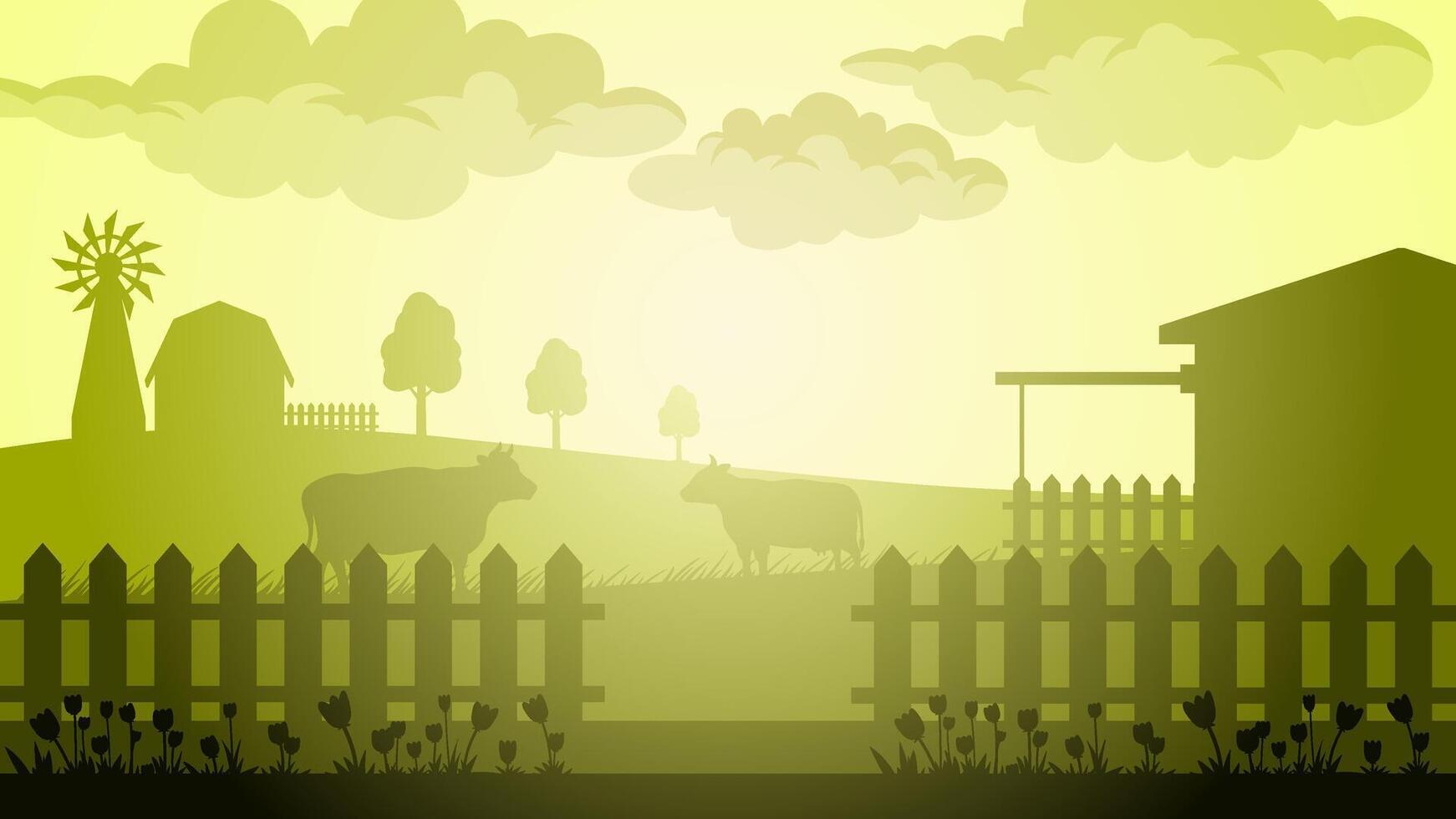 Landscape illustration of barn silhouette with cattle farm vector