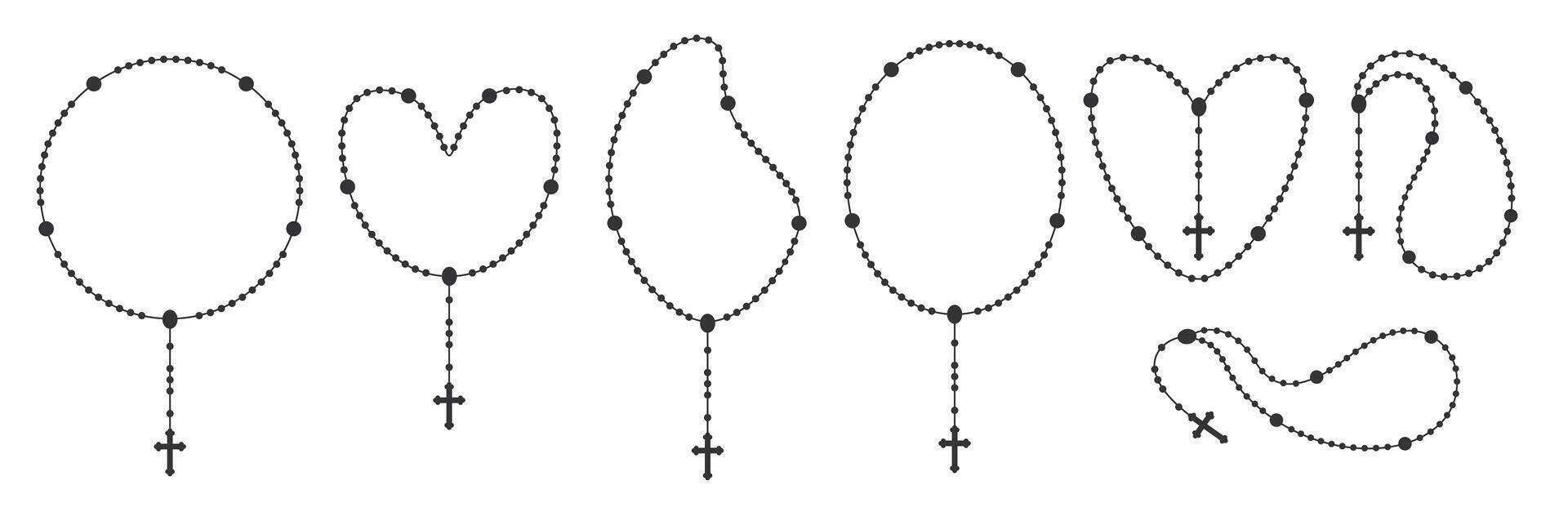 Set of Rosary beads silhouettes. Catholic chapel with a cross. illustration. vector
