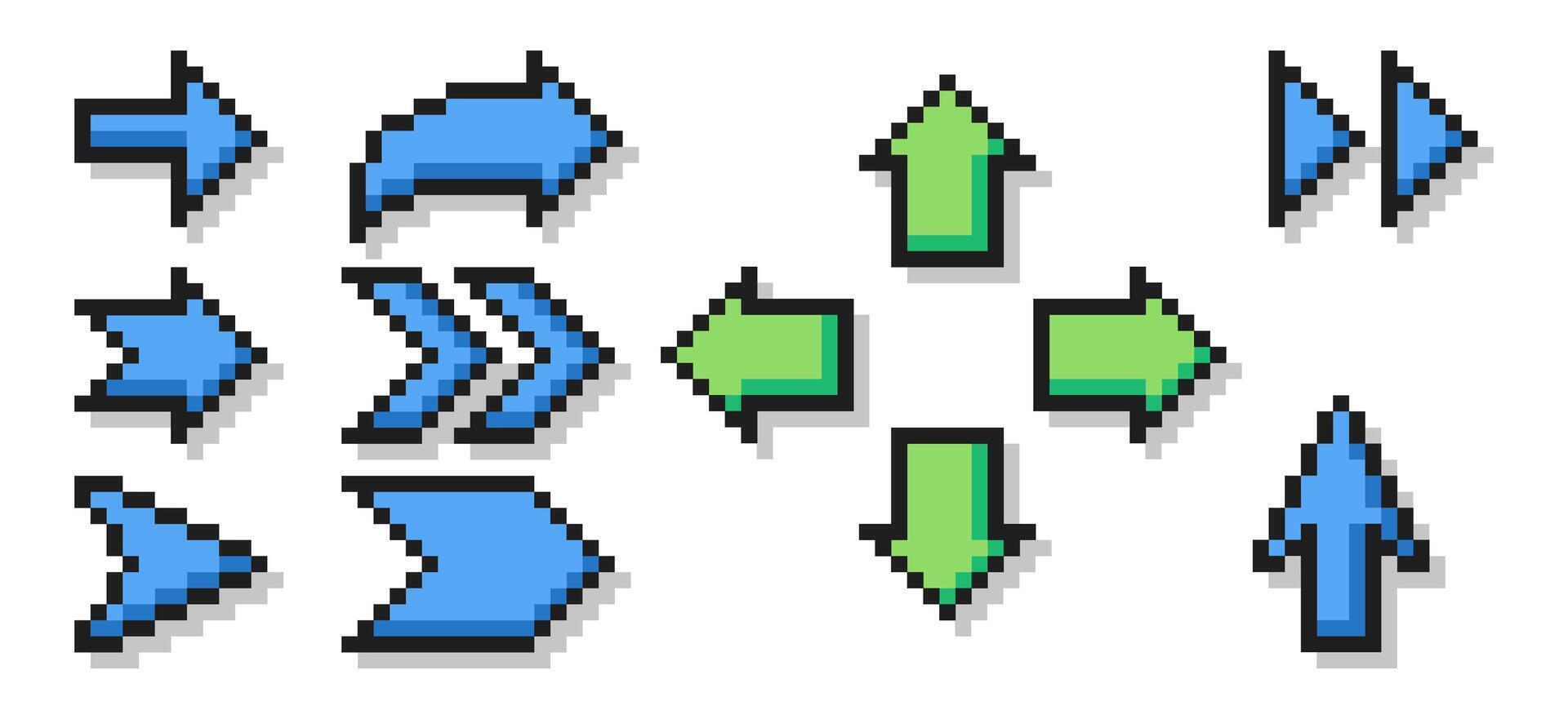 Pixel art game direction arrow button. 8-bit pointers for game assets. illustration. vector