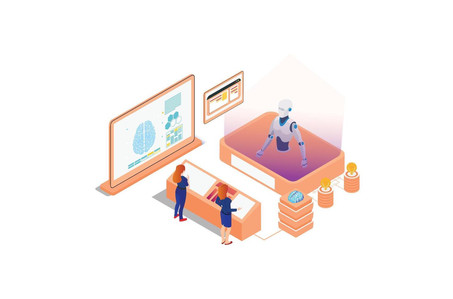 Technology Isometric artificial intelligence robot learning illustration, Web Banner, Suitable for Diagrams, Infographics, Book Illustrations, Game Assets and Other Graphic Related Assets vector