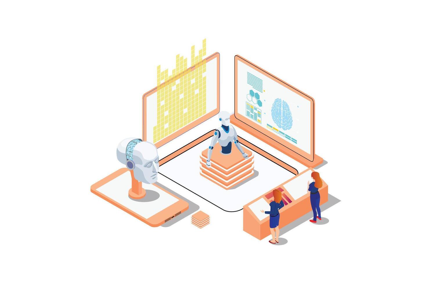 Technology Isometric artificial intelligence robot learning illustration, Web Banner, Suitable for Diagrams, Infographics, Book Illustrations, Game Assets and Other Graphic Related Assets vector