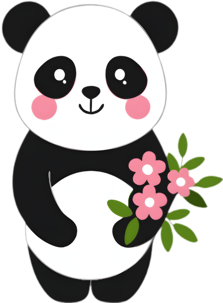 Adorable panda cuddles colorful flowers in charming clipart. AI-generated. png