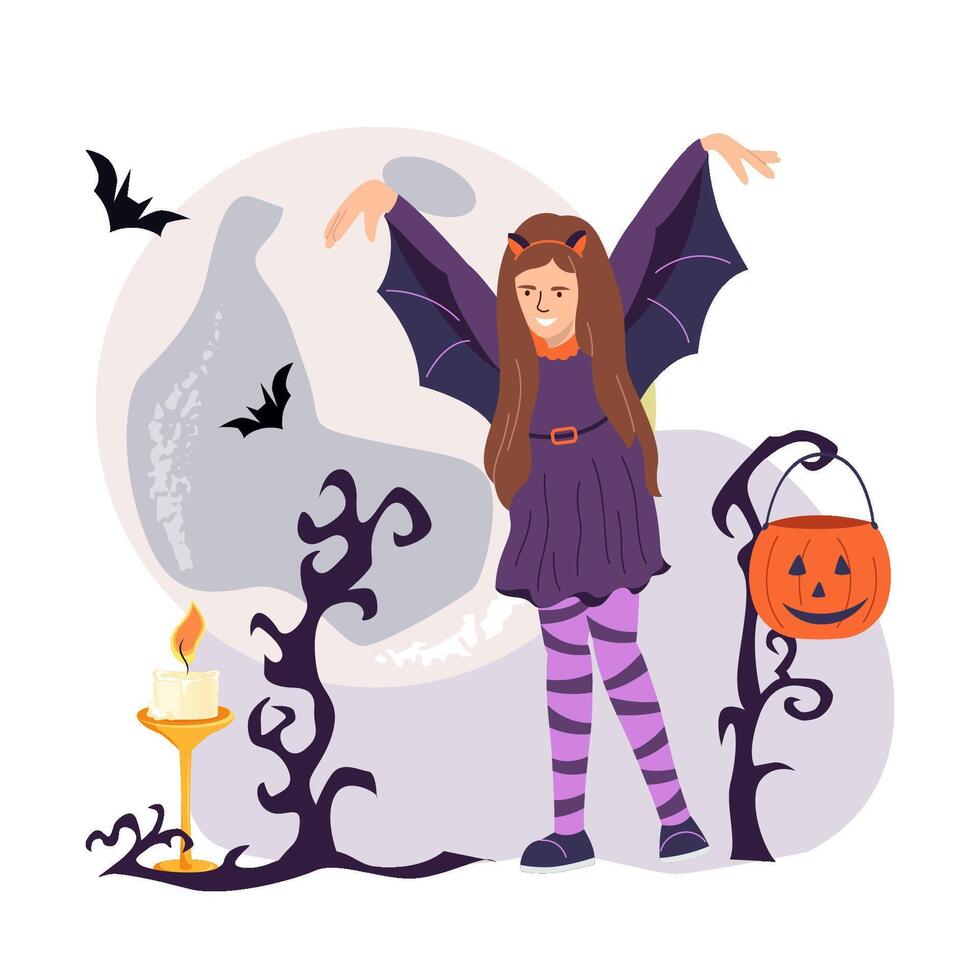 Cute little girl in bright bat costume going to Halloween party with carnival decorations. Flat illustration isolated on white background vector