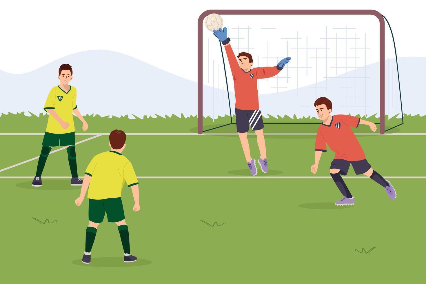 Teenage football players from different teams kick a soccer ball. Football competition. Children's athletes play football championship Goalkeeper catches the ball. Cartoon flat illustration vector
