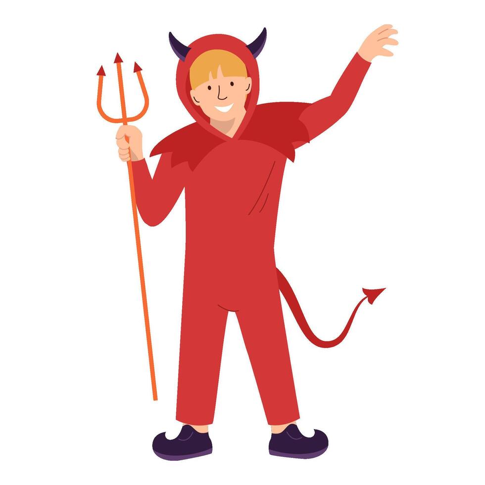 Halloween Kids Costume Party. Little boy in halloween red devil costume laughing. Character for party, invitations, web, mascot isolated on white background vector