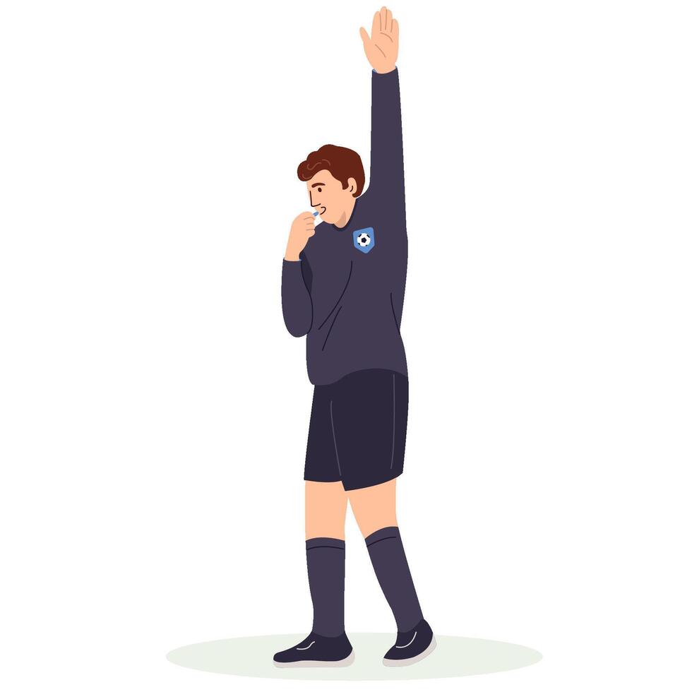 Football referee in a black sports shirt raised his hand up and blows the whistle. Soccer referee stops the game. Cartoon illustration in flat style isolated. vector