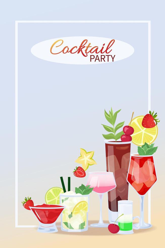 Summer banner with tropical cocktails with cut fruits and ice cube. Beach holidays. Summer sale, party, cafe-bar concept. Illustration alcoholic drinks mix. Poster, advertising, flyer vector