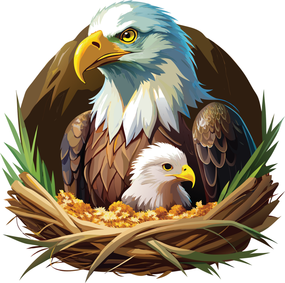 Majestic eagle nurtures chick in watercolor nest. AI-generated. png