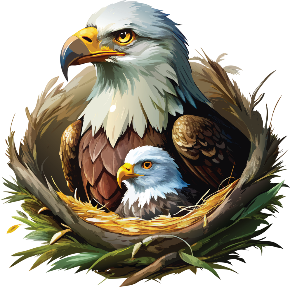 Majestic eagle nurtures chick in watercolor nest. AI-generated. png