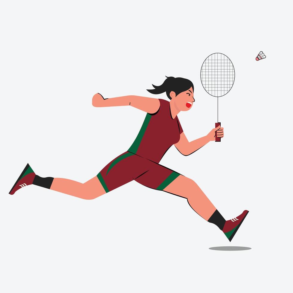 design illustration of a girl with a full swing playing badminton, red clothes with green combination seams vector
