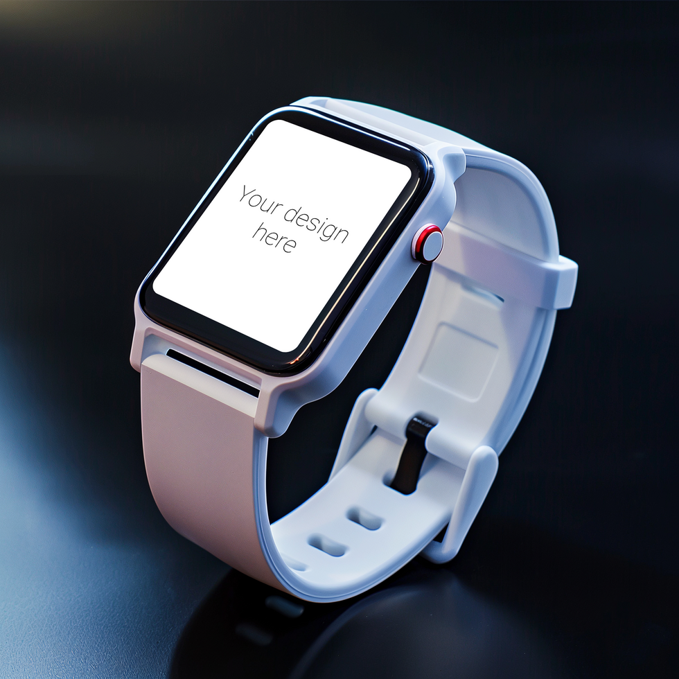 Mockup of black smart watch with white strap on black background psd