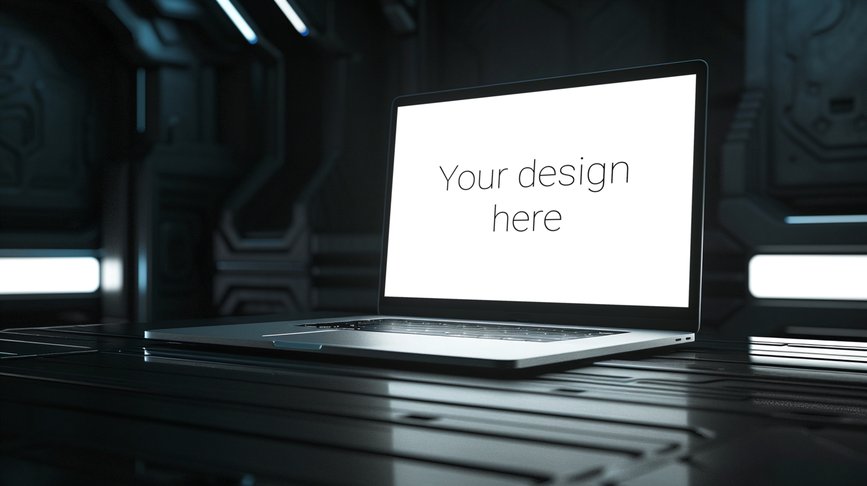 Mockup of gray laptop on table in dark room psd