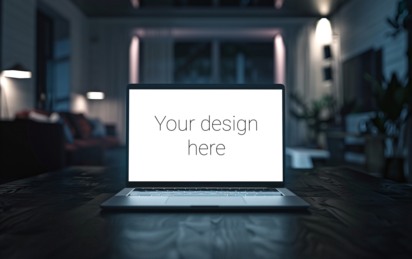 Mockup of gray laptop on table in dark room psd