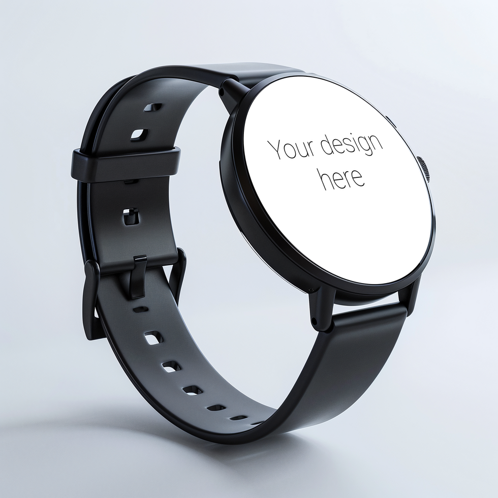 Mockup of black smart watch with black strap on white background psd