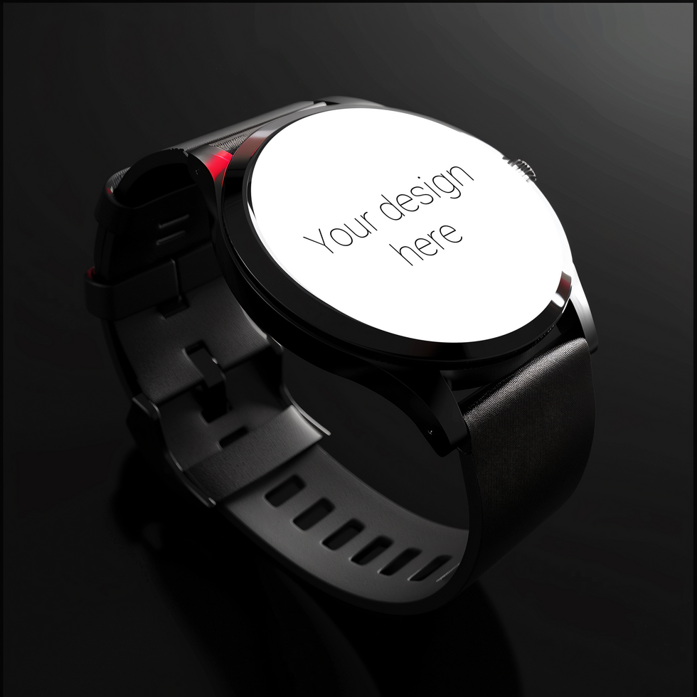 Mockup of black smart watch with black strap on black background psd