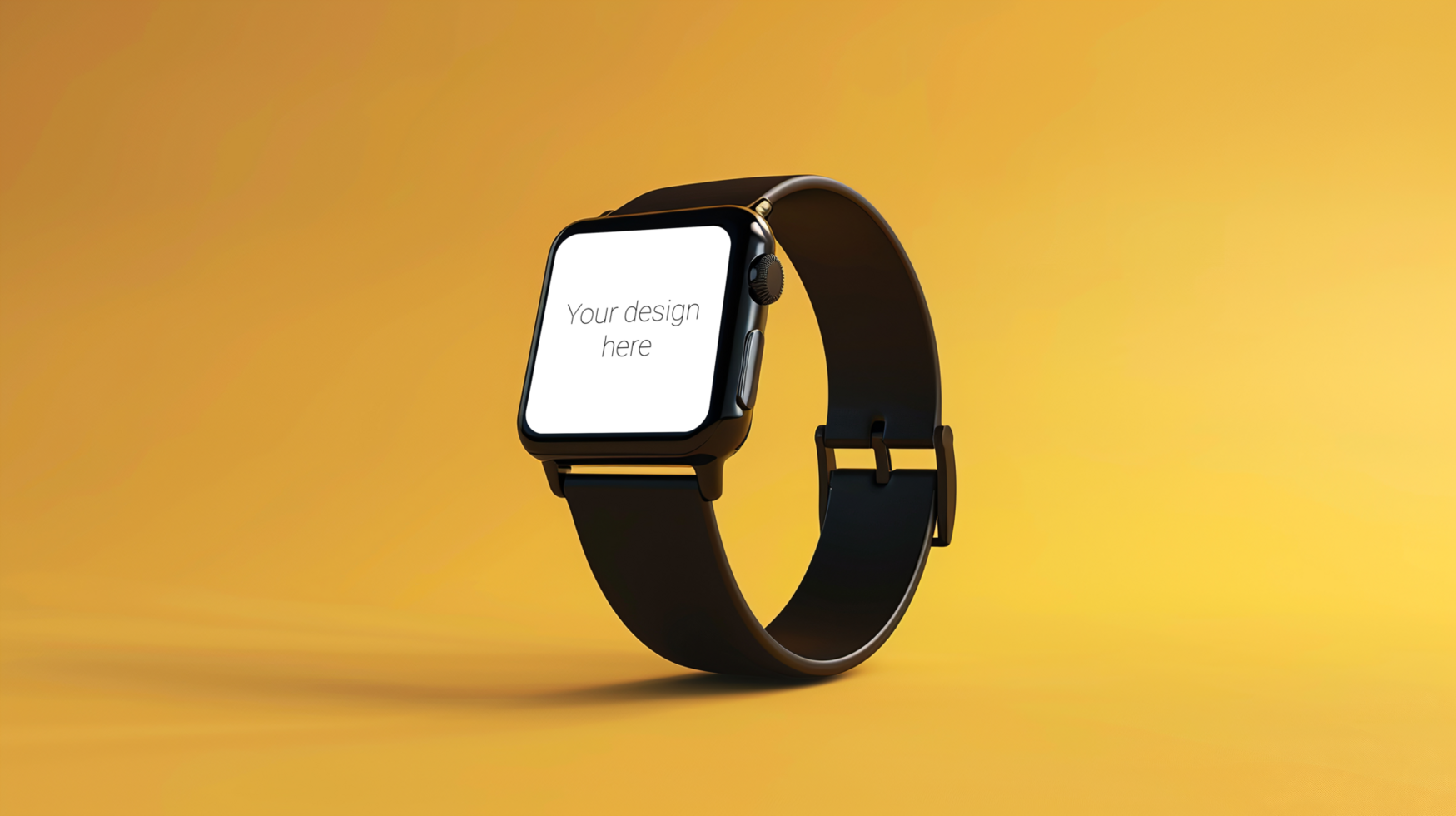 Mockup of black smart watch with black strap on yellow background psd