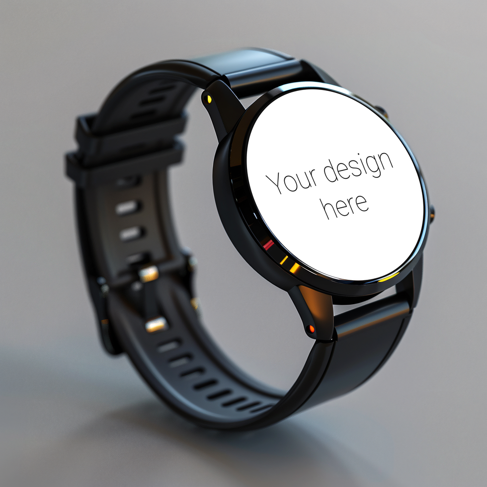 Mockup of black smart watch with black strap on white background psd