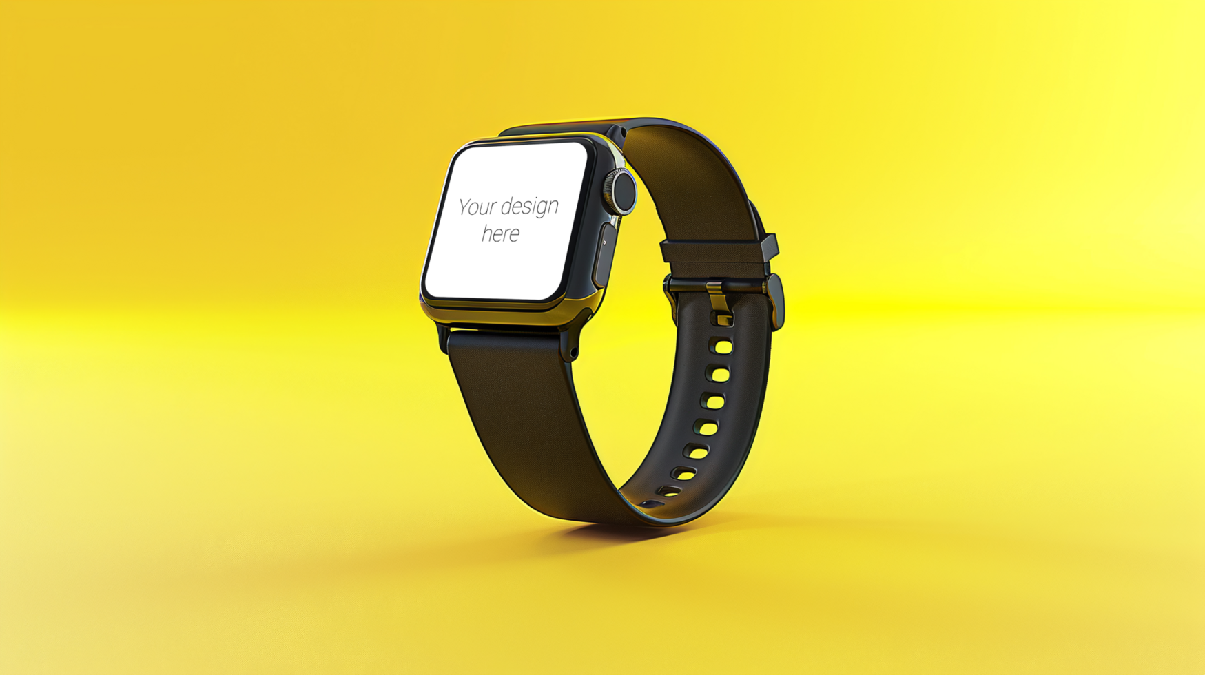 Mockup of black smart watch with black strap on yellow background psd