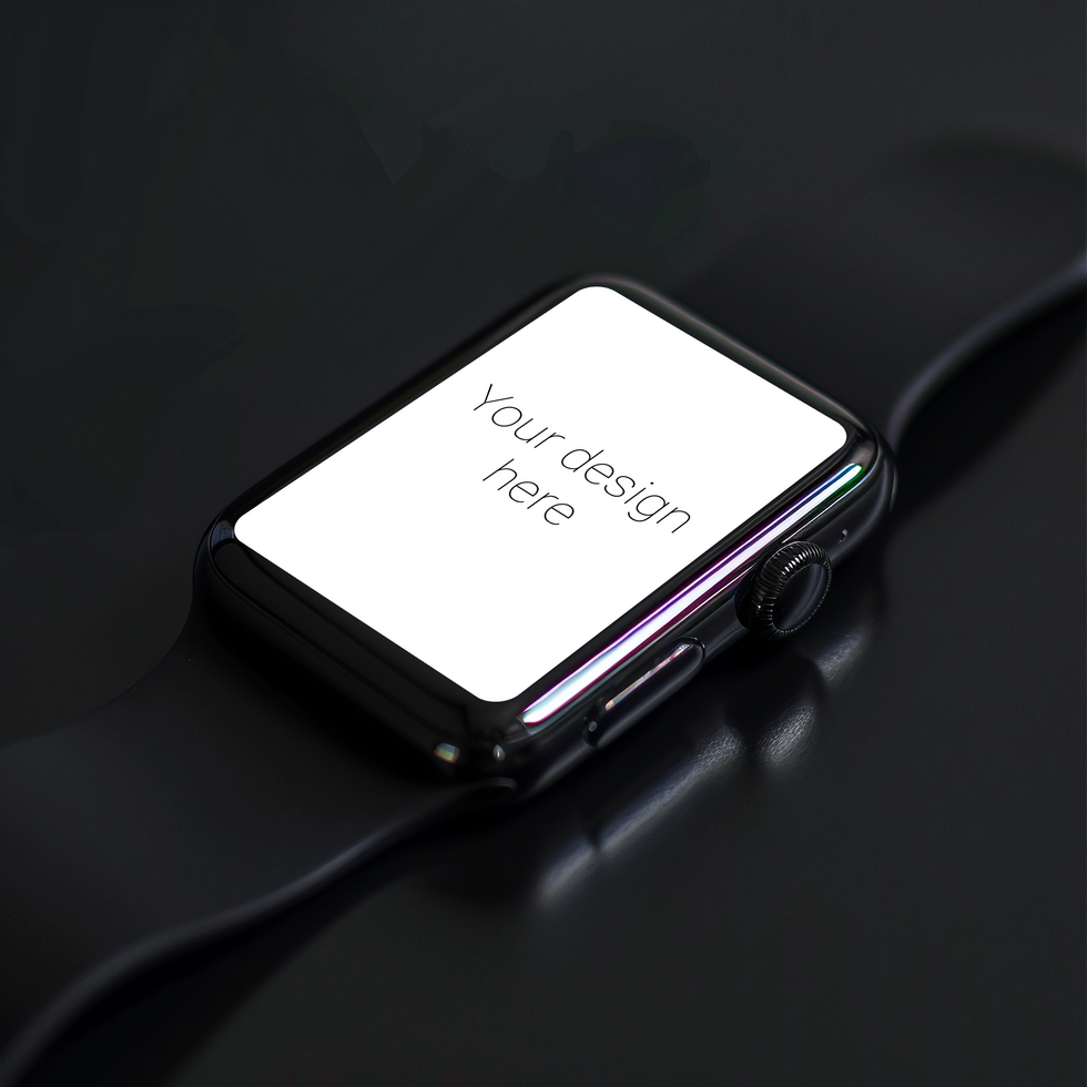 Mockup of black smart watch with black strap on black background psd