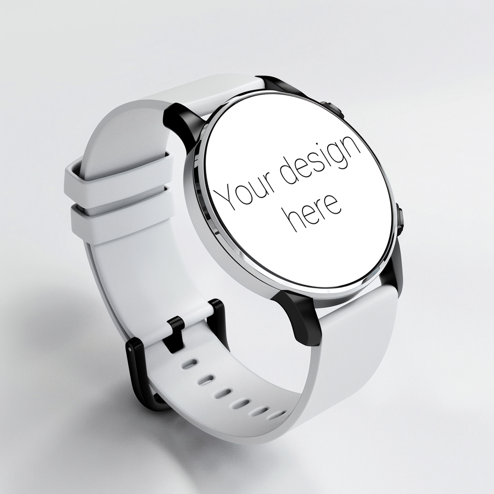 Mockup of black smart watch with white strap on white background psd
