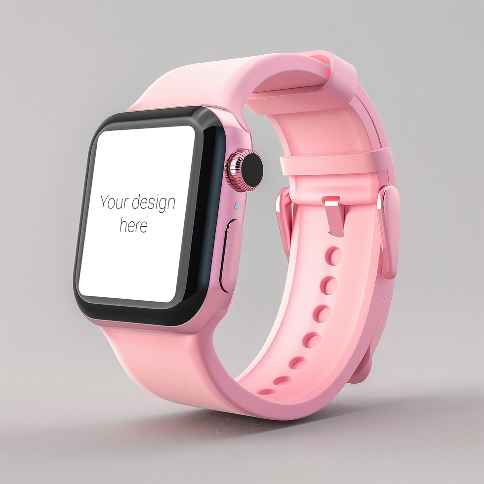 Mockup of black smart watch with pink strap on white background psd
