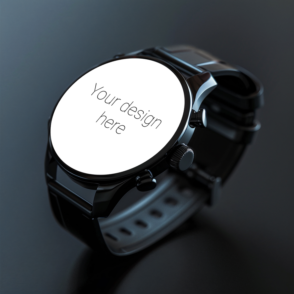 Mockup of black smart watch with black strap on black background psd