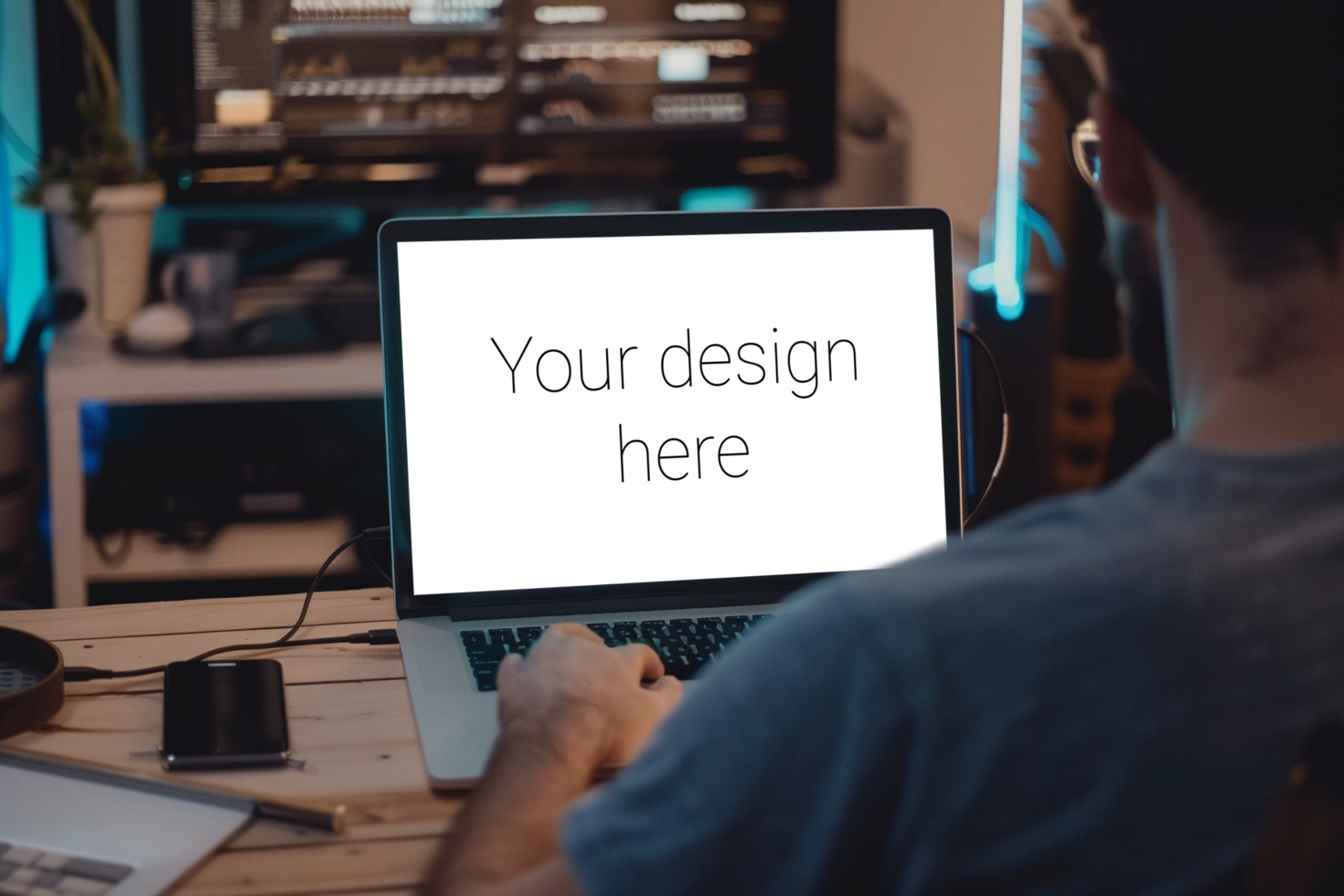 Mockup of gray laptop on table. Man working with laptop. Back view psd