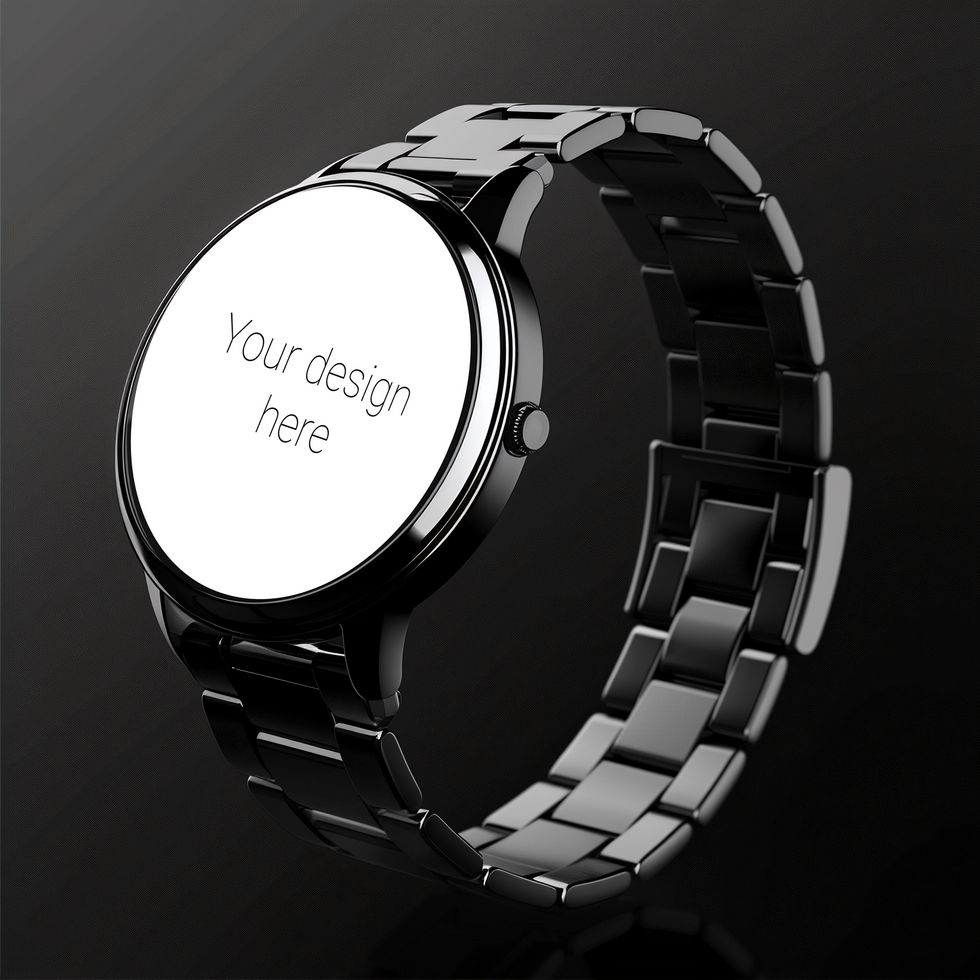 Mockup of black smart watch with black strap on black background psd