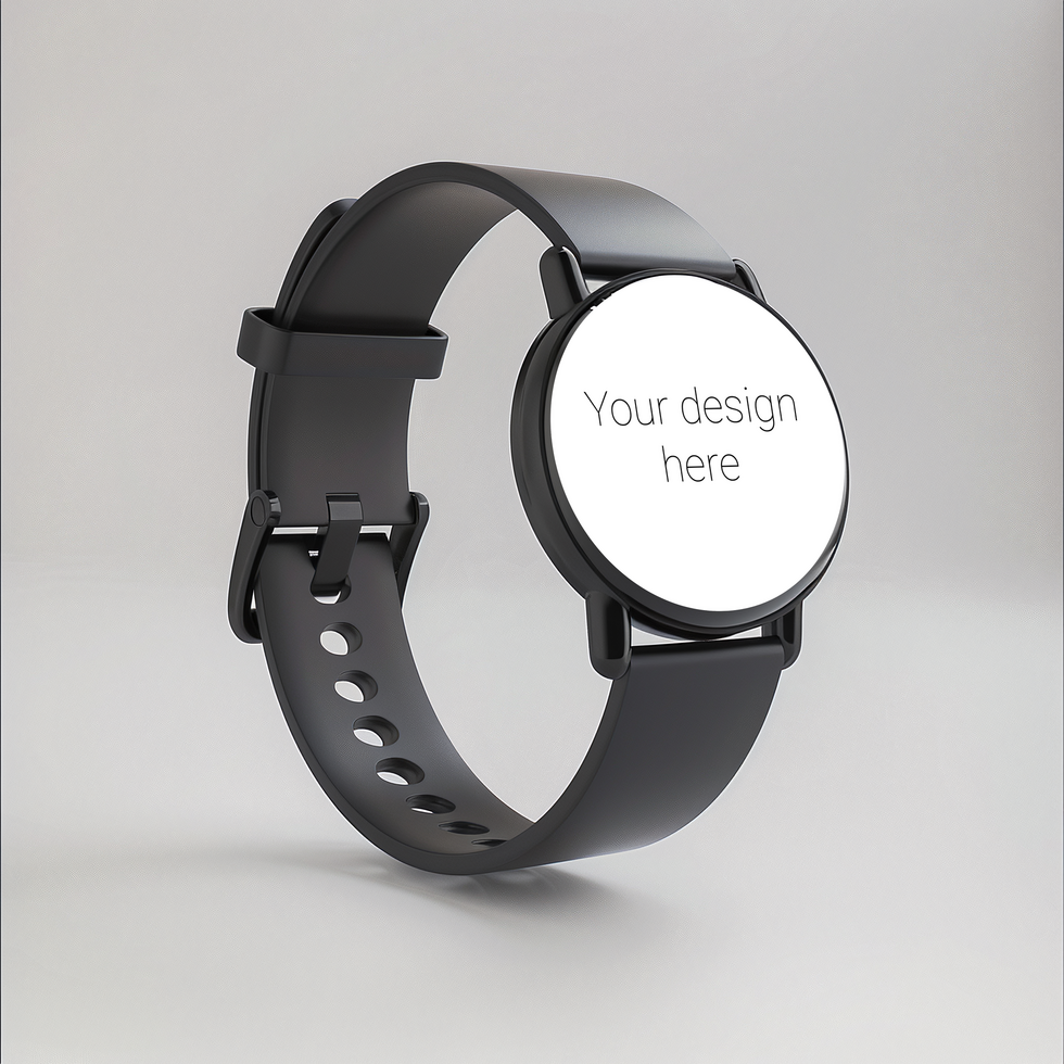 Mockup of black smart watch with black strap on white background psd