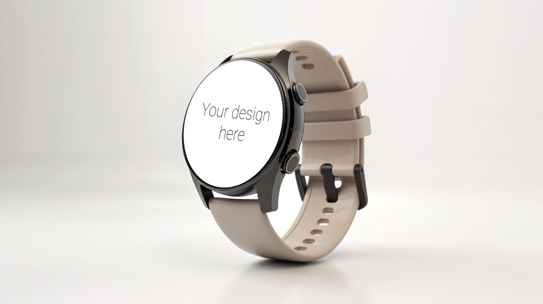 Mockup of black smart watch with beige strap on white background psd