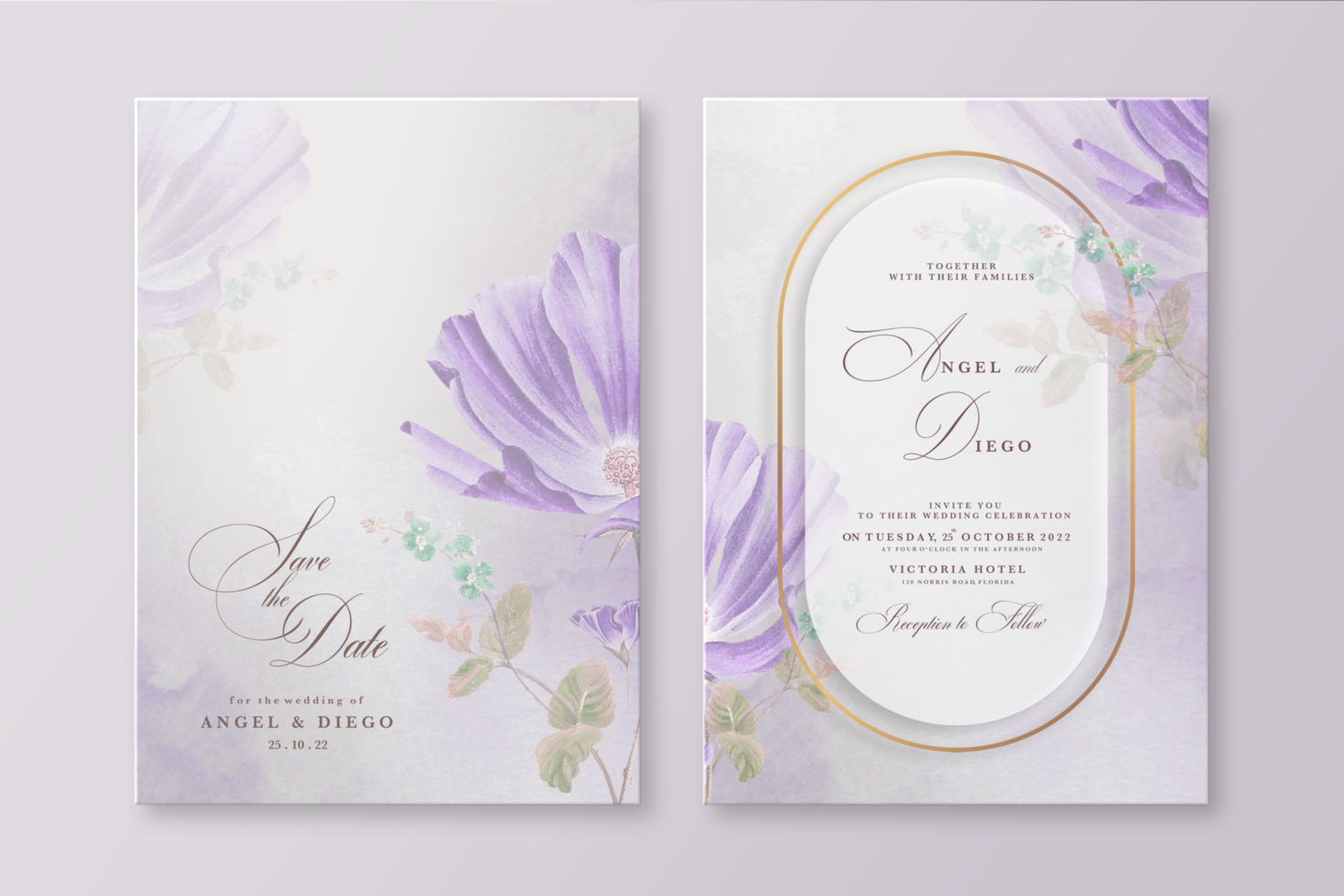 Wedding Invitation Template with Purple Flower psd