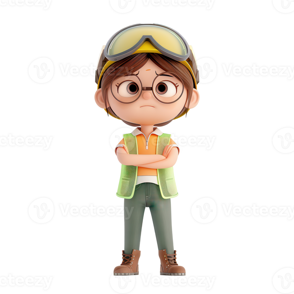 3D illustration of a cartoon character with glasses and a safety vest, childlike figure with goggles and boots on white background. png
