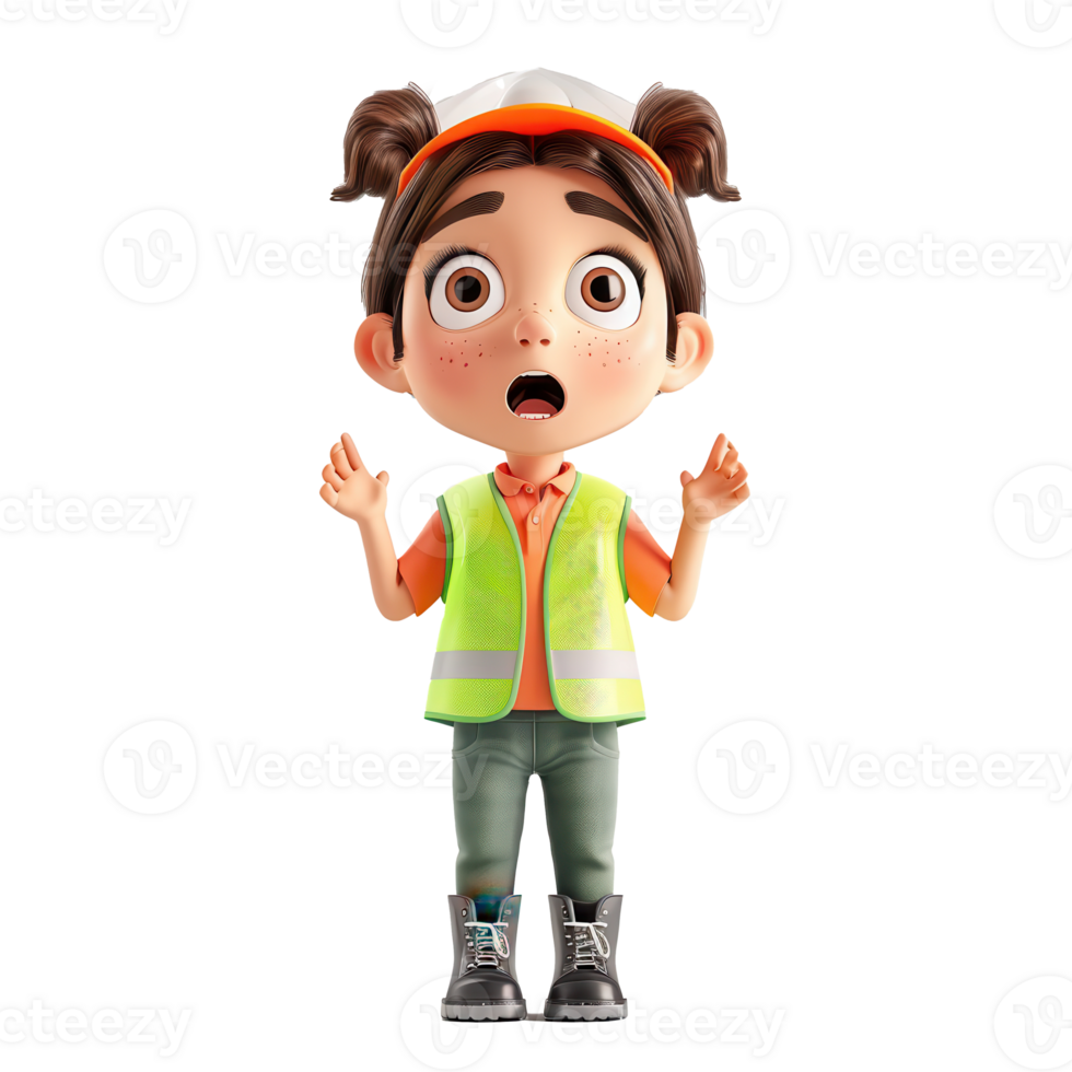Animated character of a surprised young girl wearing safety gear and standing with an open-mouthed expression. png