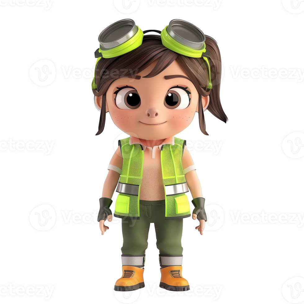 3D animated construction worker girl in safety gear, smiling with goggles on head, white background. png